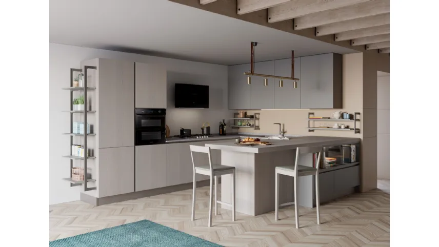 Cucina Moderna Tablet Wood con penisola in Rovere Grey e laccato opaco Ardesia di Creo