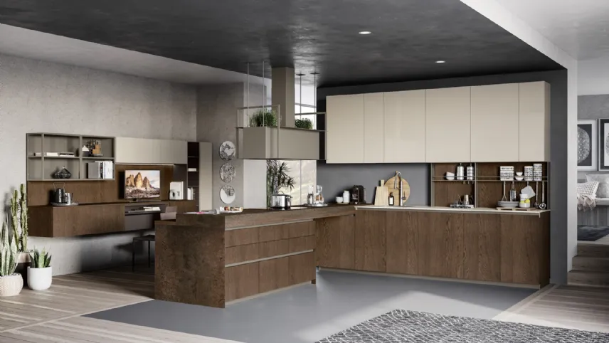 Cucina Moderna con penisola Tablet Wood in Rovere Moscato e laccato lucido di Creo