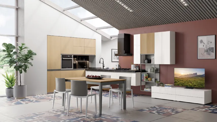 Cucina Moderna Tablet Wood angolare in Rovere Naturale e laccato Bianco lucido di Creo