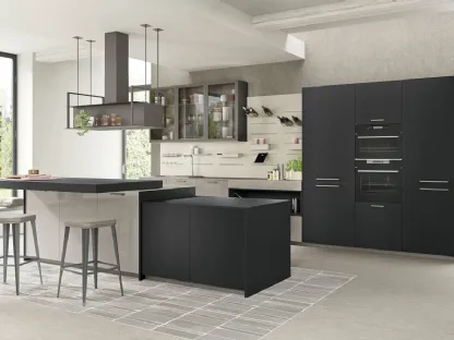 Cucina Moderna con isola Tablet Wood 01 in Rovere Nero e laccato lucido Ardesia di Creo