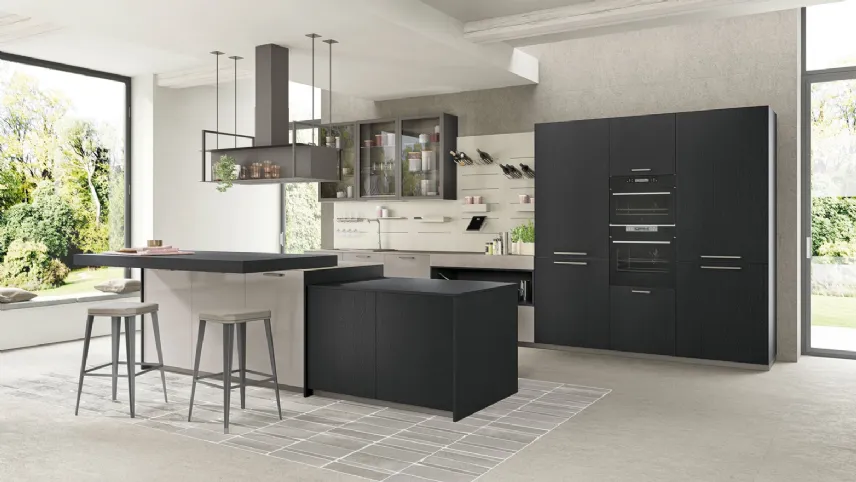 Cucina Moderna con isola Tablet Wood 01 in Rovere Nero e laccato lucido Ardesia di Creo