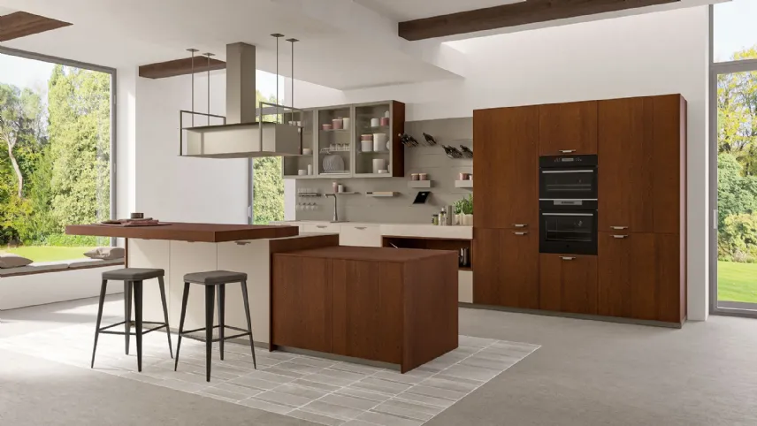 Cucina Moderna con isola Tablet Wood in Rovere moscato e laccato opaco Polvere di Creo