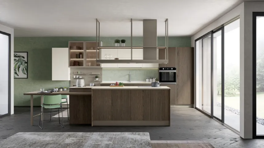 Cucina Moderna con isola Tablet Wood in Rovere fumé e melaminico Porcellana di Creo