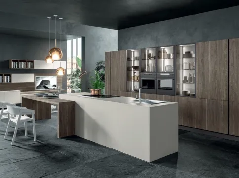 Cucina Moderna con penisola Zen 05 in laccato opaco Efeso e laminato Rovere Scuro di Astra