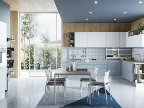 Cucina Moderna angolare Zoe in Laccato Lucido Cielo e Bianco di Creo