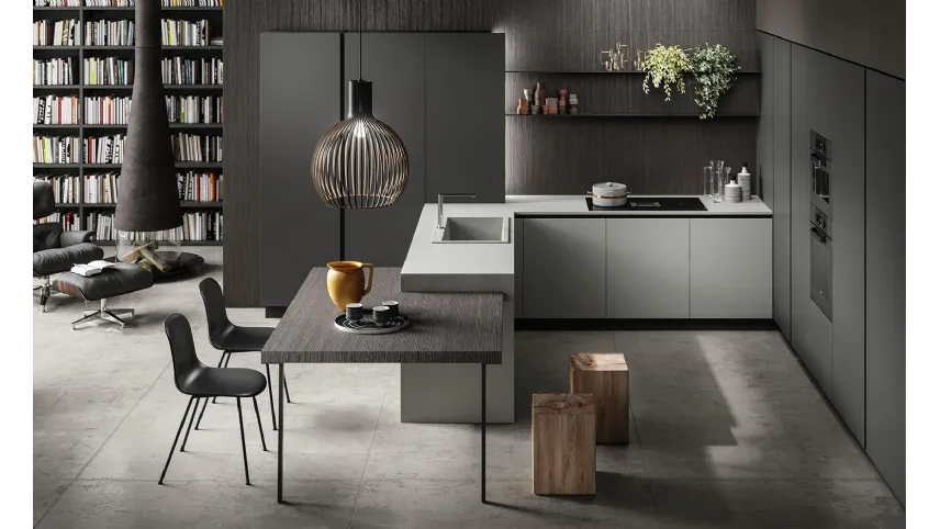 Cucina su misura angolare con penisola Zen 03 in laminato finitura Canapa e Antracite di Astra